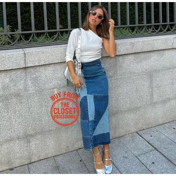 MANGO Patchwork Denim Midi Skirt NWT | Blue Cotton A-Line - Picture 3 of 16